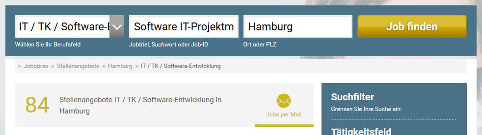 Ergebnis einer Suche mit mehreren Schlagwörtern auf stellenanzeigen.de