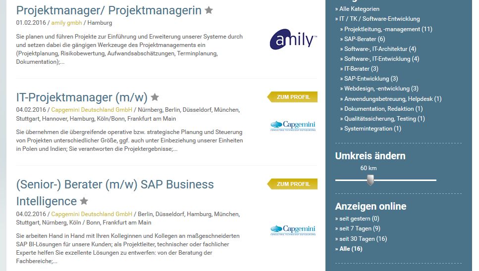 Trefferliste einer Suche auf stellenanzeigen.de
